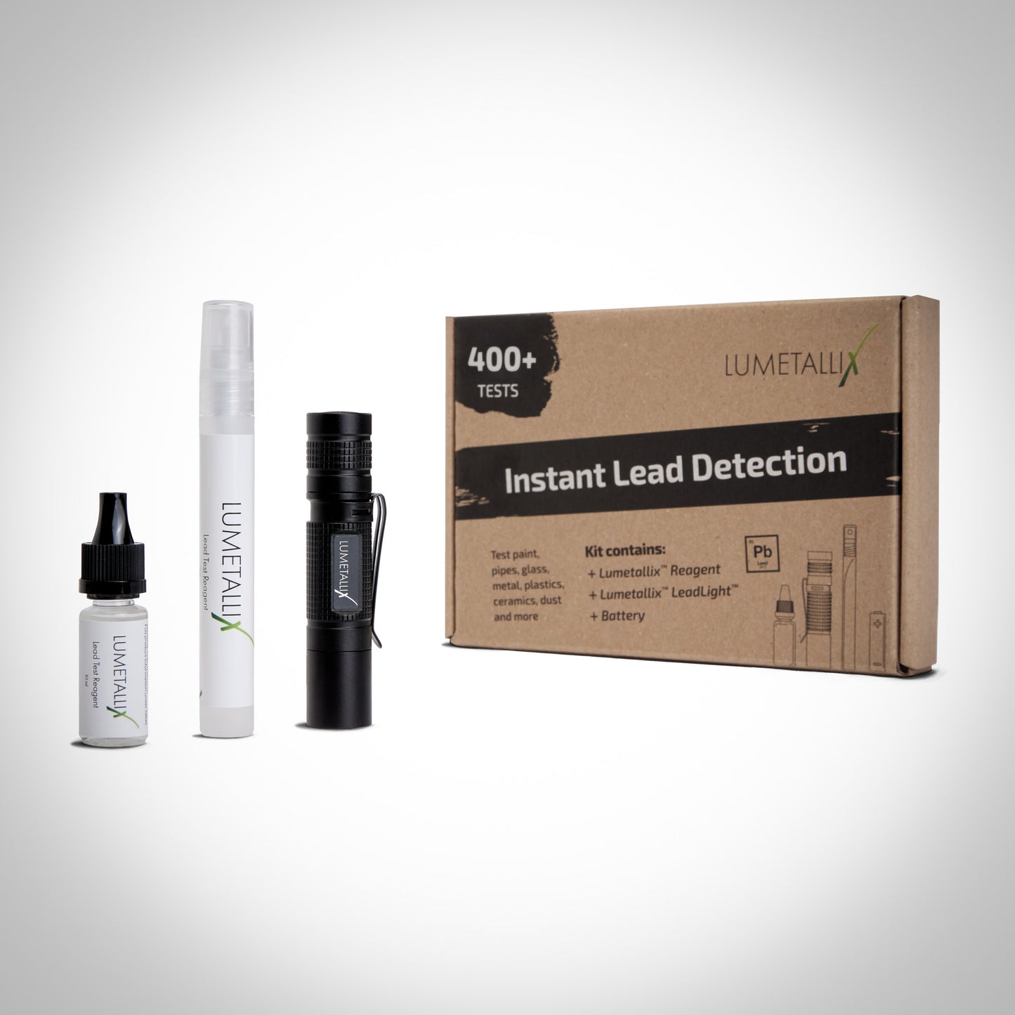 Lumetallix Lead paint detection kit with spray bottle, pen, and box on white background