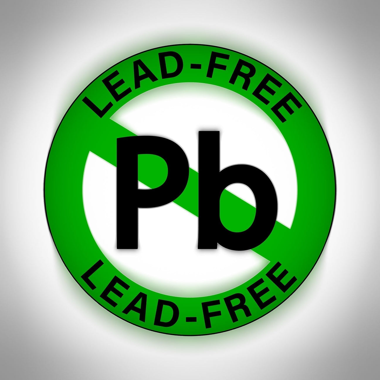 Lead-free certification symbol showing the chemical symbol Pb crossed out — confirm surfaces are lead-free with the Lumetallix glowing lead test