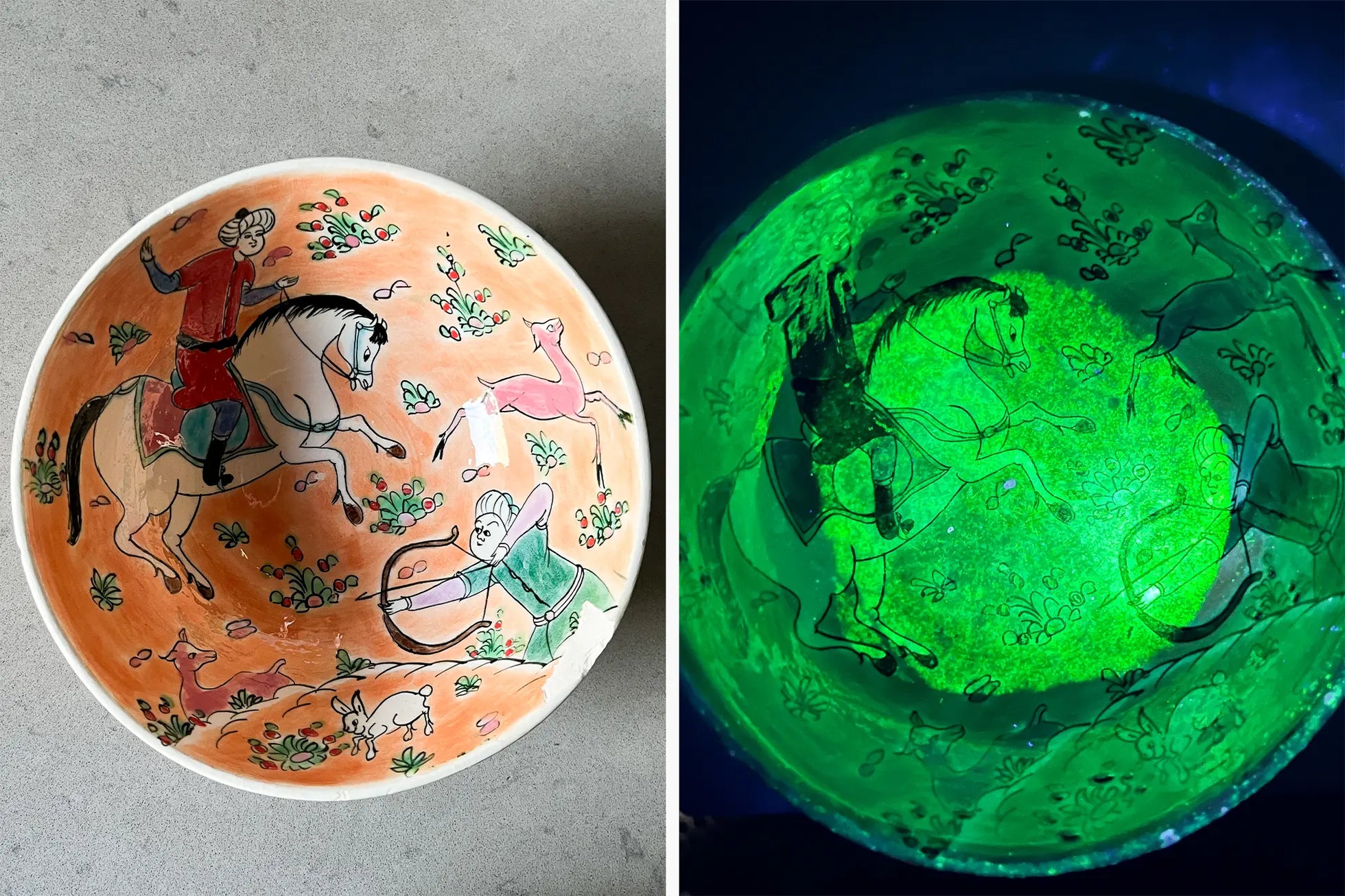 Before and after: hand-painted decorative bowl in normal light versus glowing bright green under Lumetallix UV test — lead detected in ceramic glaze used for food serving